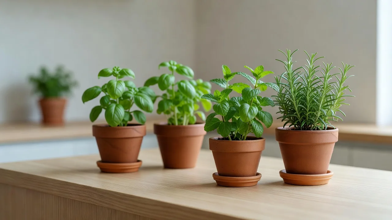 テーブルに並ぶハーブの鉢植え