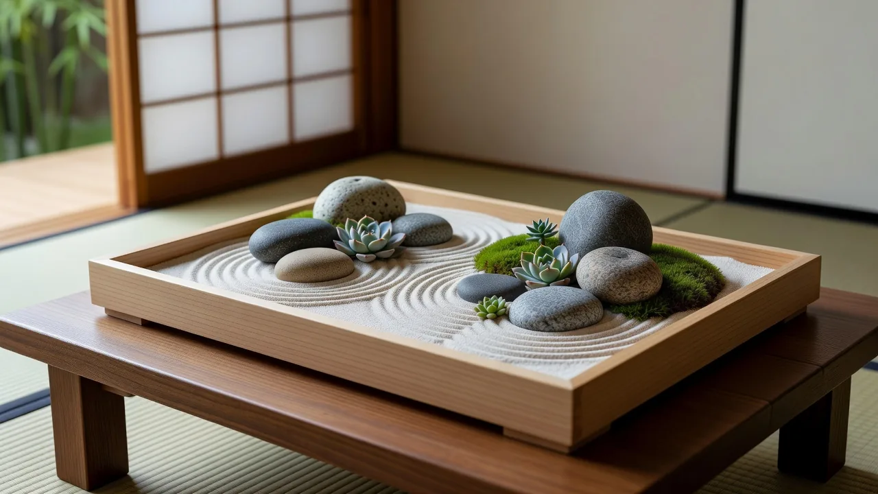 木のトレーに作った卓上の枯山水